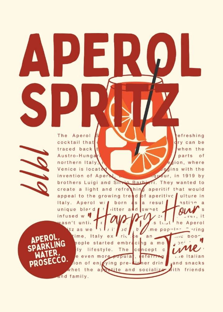 Aperol Spritz advertisement with a glass of cocktail and text on a beige background