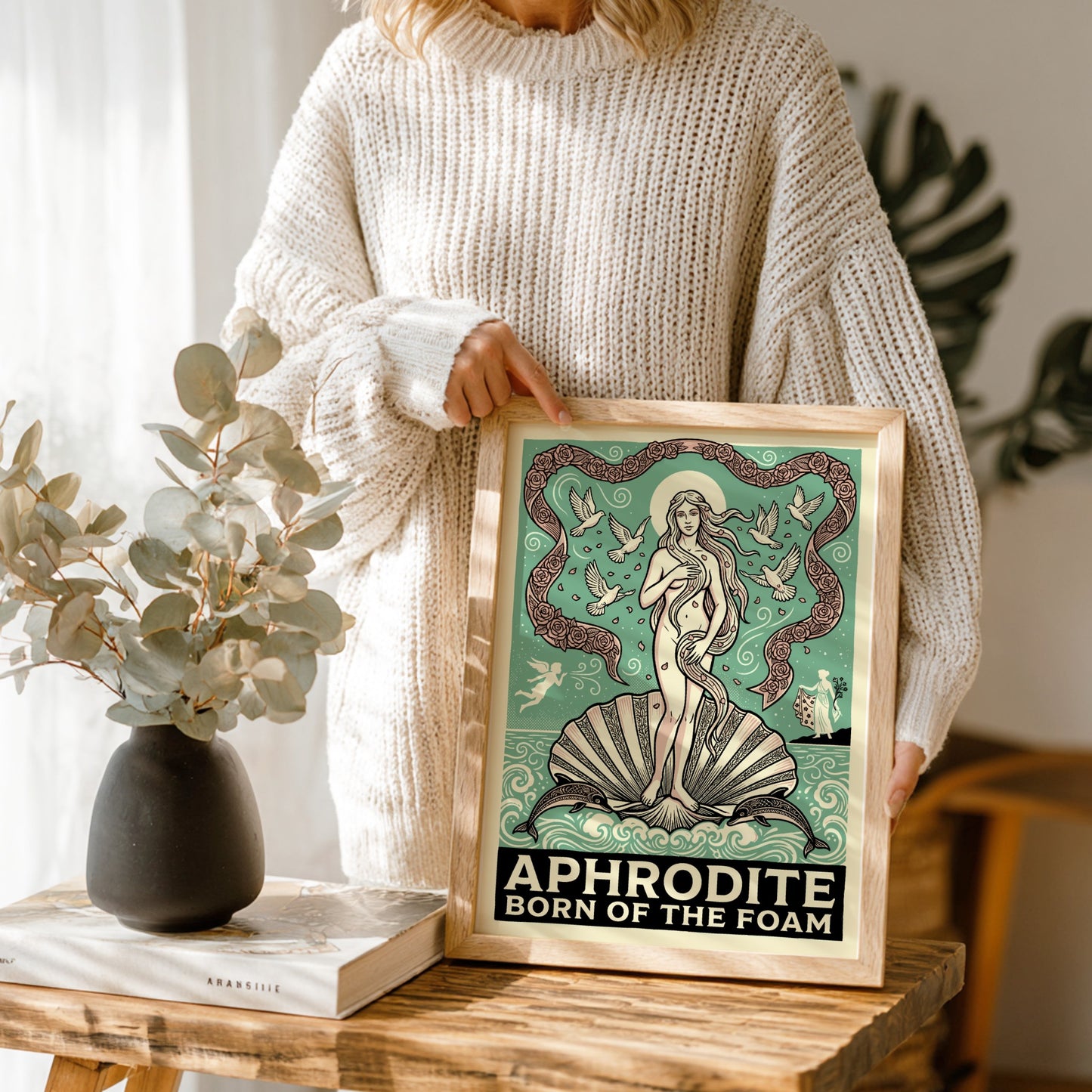Aphrodite Born of the Foam Greek mythology poster in vintage style with doves and roses.