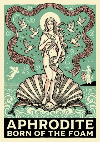 Aphrodite Born of the Foam Greek mythology poster in vintage style with doves and roses.