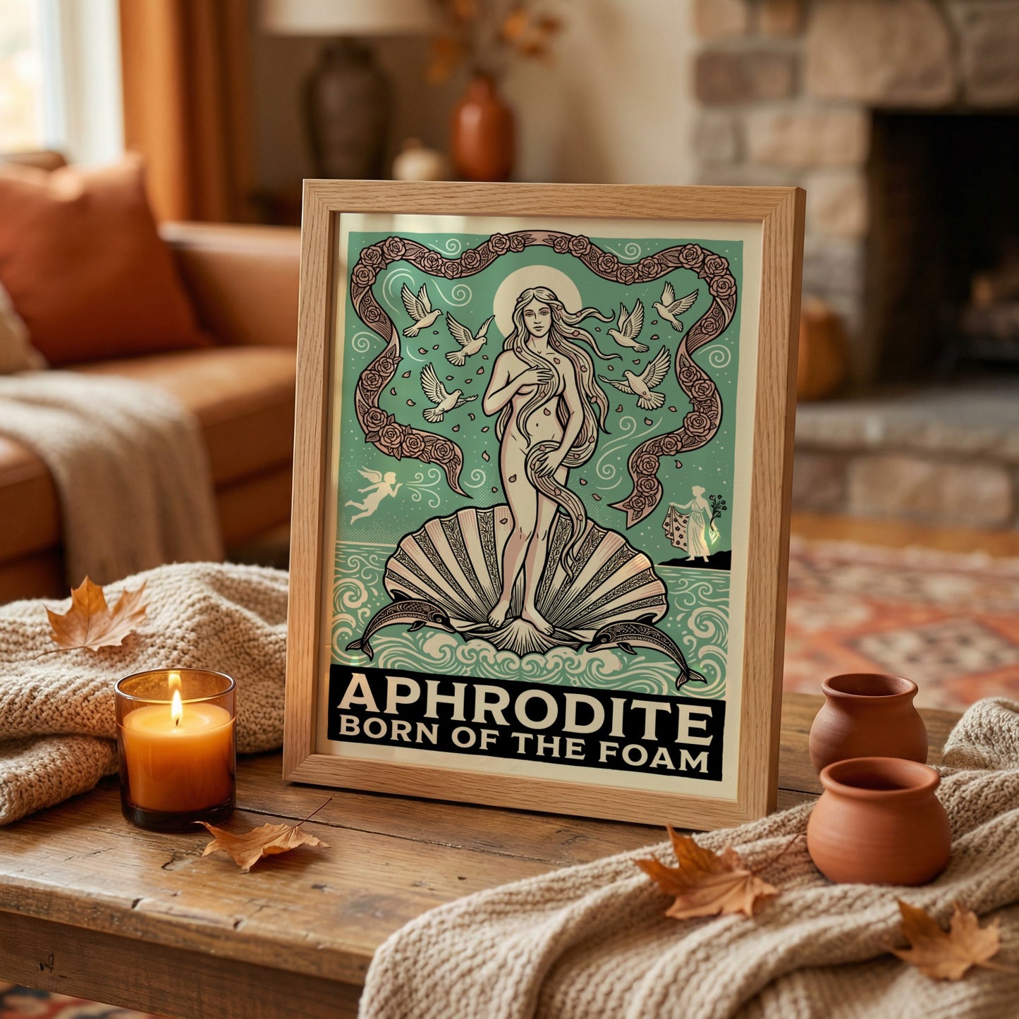Aphrodite Born of the Foam Greek mythology poster in vintage style with doves and roses.