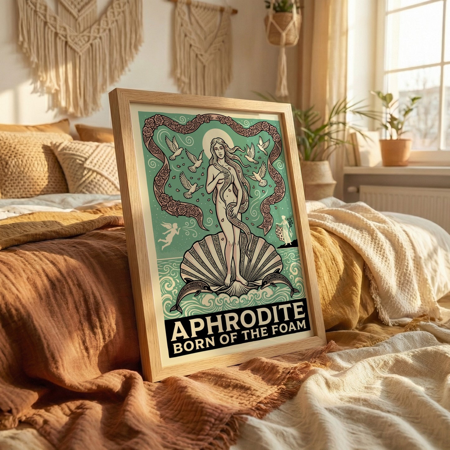 Aphrodite Born of the Foam Greek mythology poster in vintage style with doves and roses.