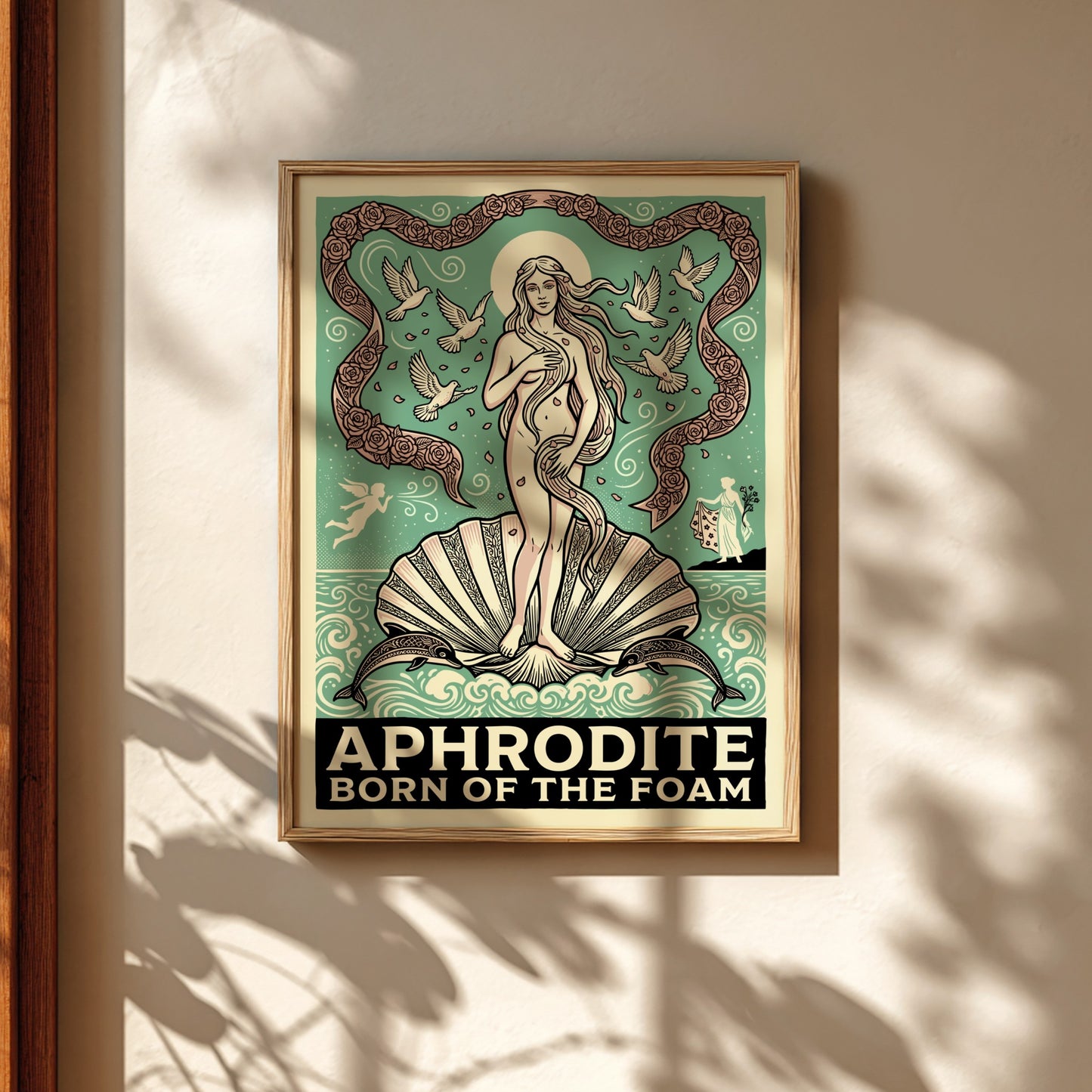 Aphrodite Born of the Foam Greek mythology poster in vintage style with doves and roses.