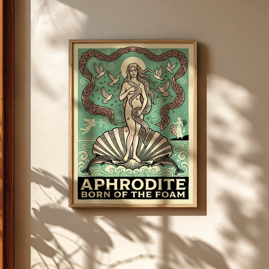 Aphrodite Born of the Foam Greek mythology poster in vintage style with doves and roses.