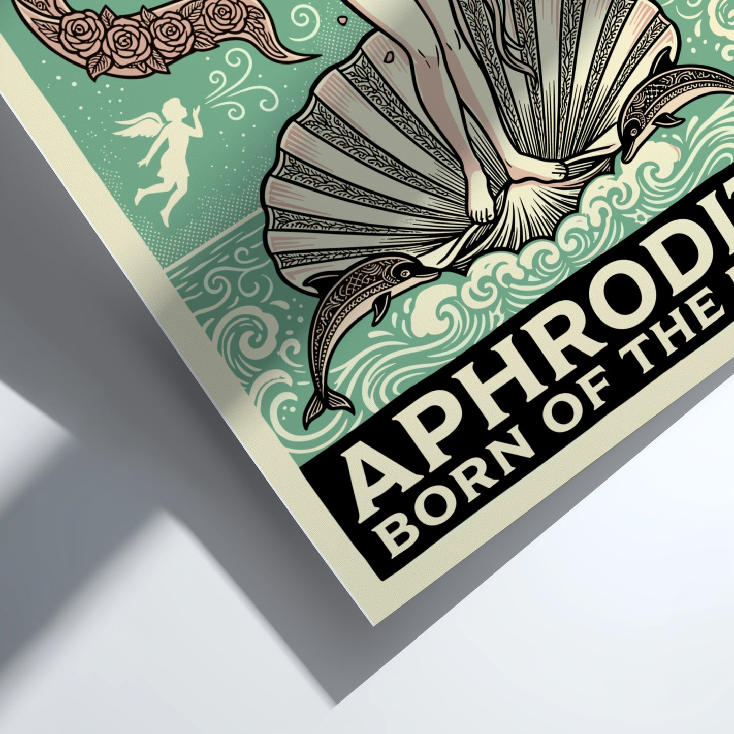 Aphrodite Born of the Foam Greek mythology poster in vintage style with doves and roses.