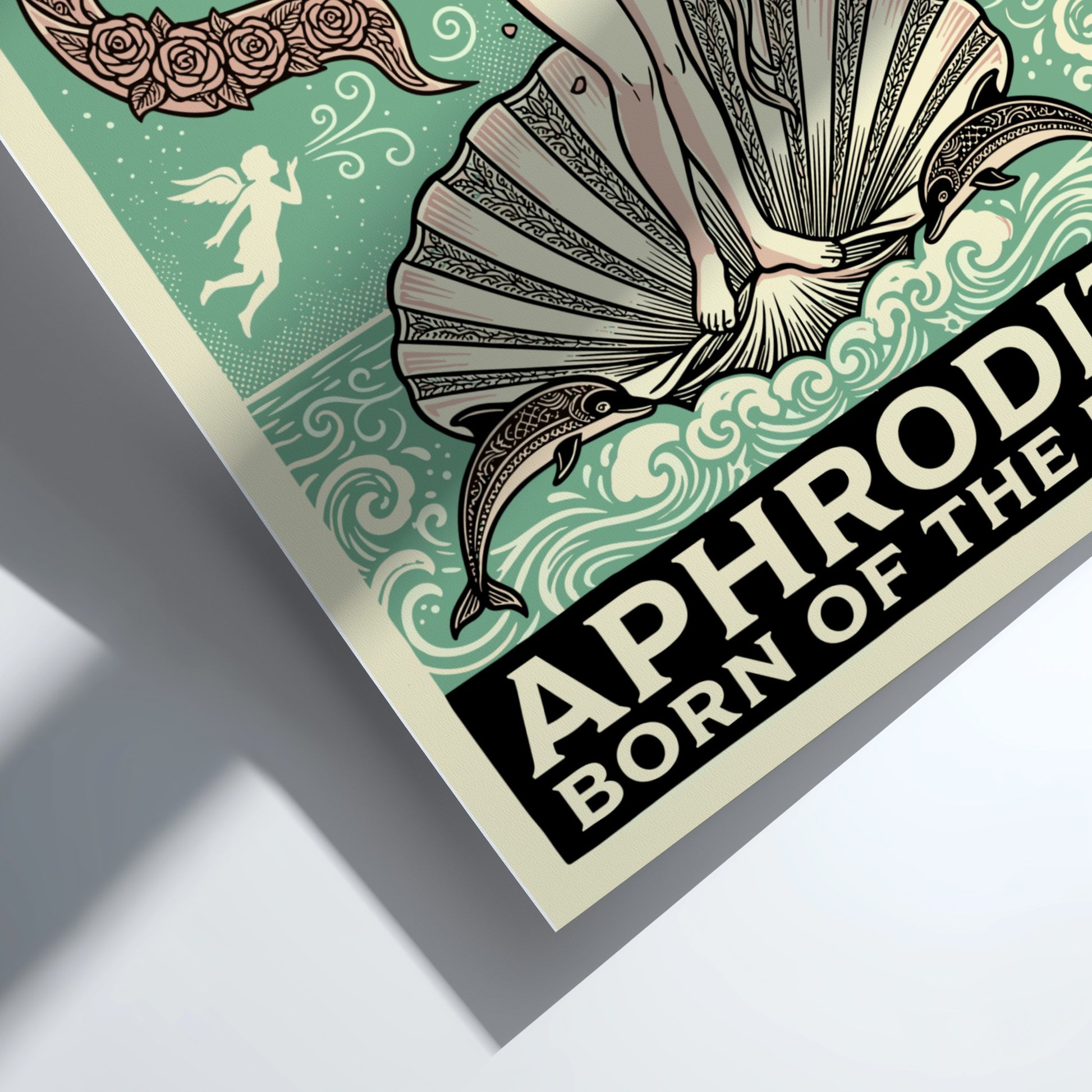 Aphrodite Born of the Foam Greek mythology poster in vintage style with doves and roses.