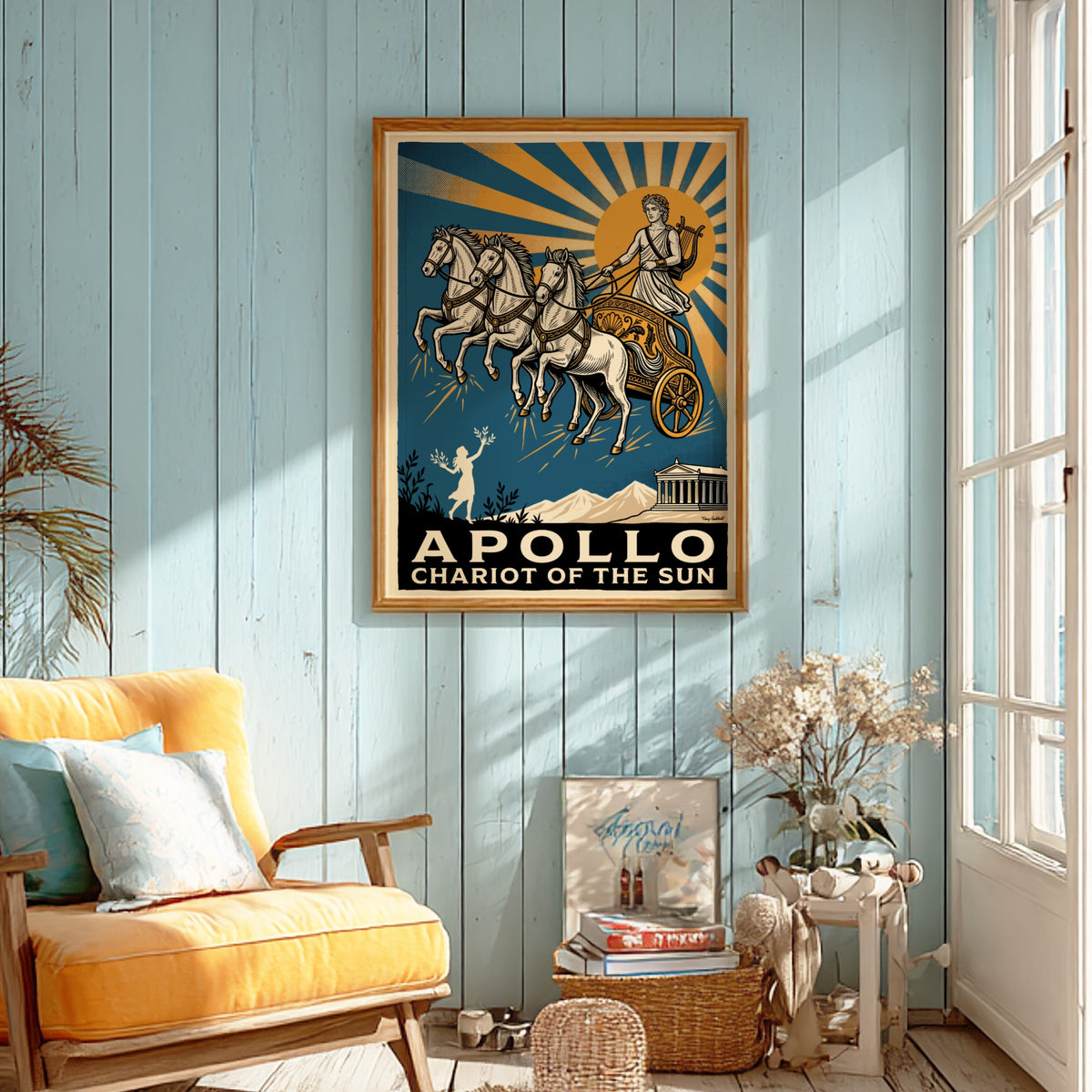 Poster featuring Apollo driving his golden chariot across a deep blue sky above temples
