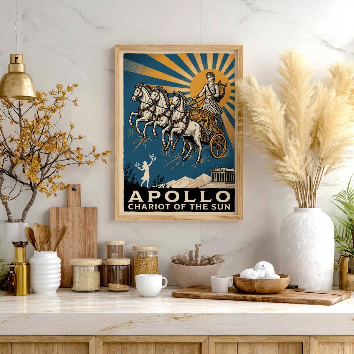 Poster featuring Apollo driving his golden chariot across a deep blue sky above temples
