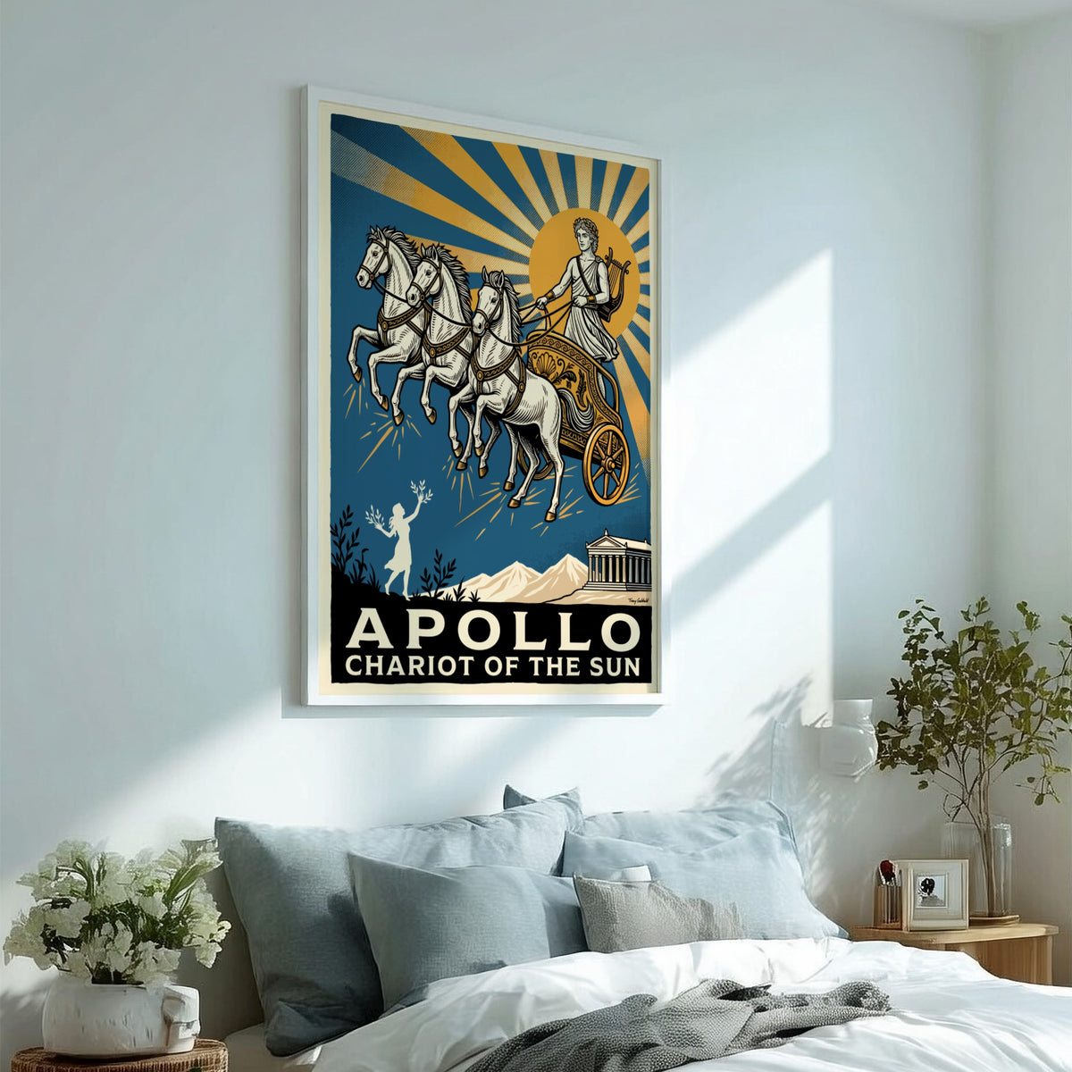 Poster featuring Apollo driving his golden chariot across a deep blue sky above temples