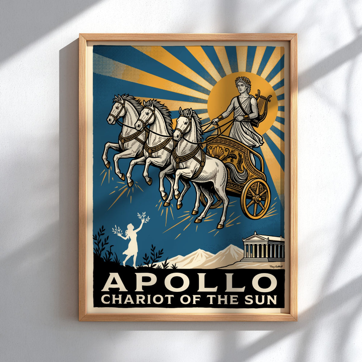 Poster featuring Apollo driving his golden chariot across a deep blue sky above temples