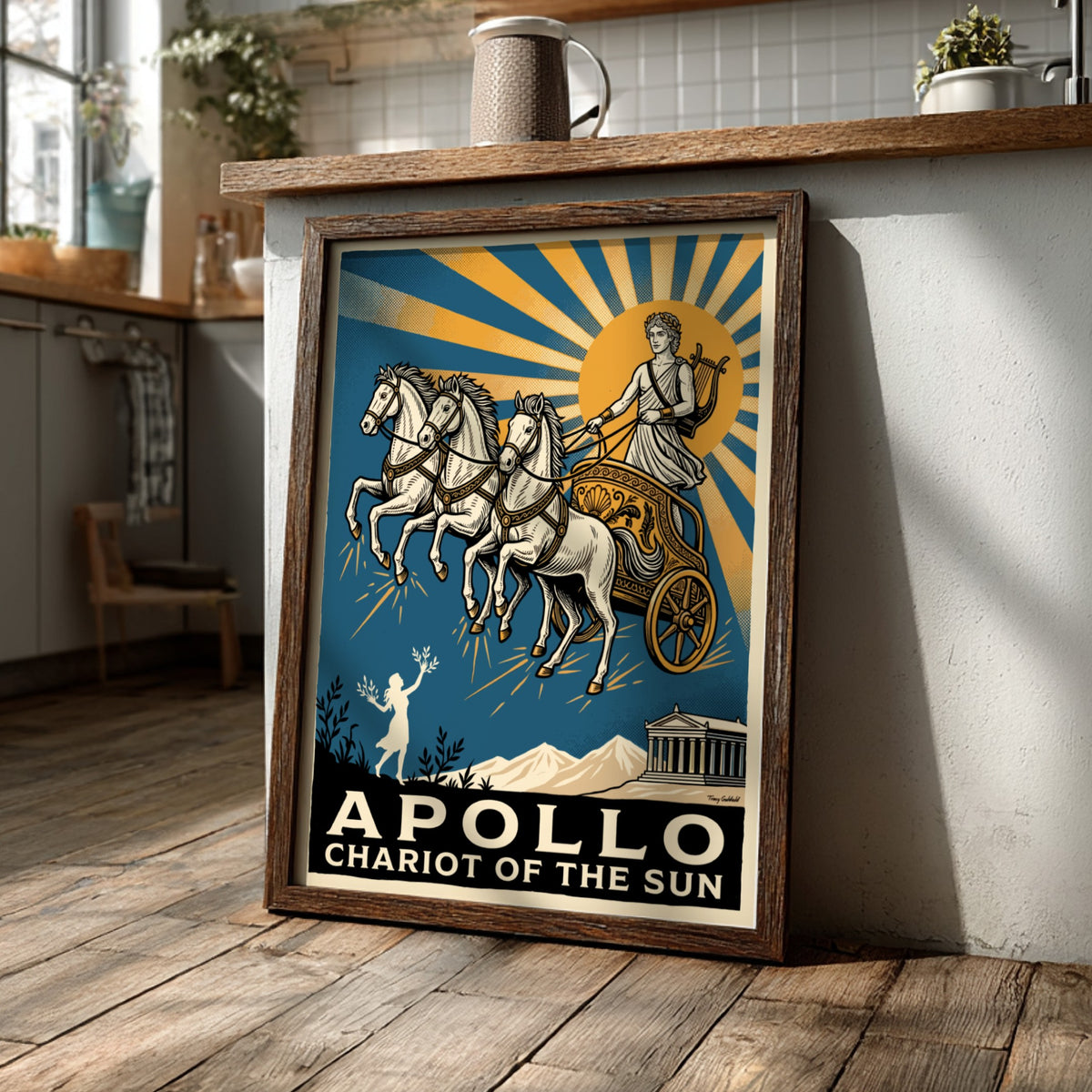 Poster featuring Apollo driving his golden chariot across a deep blue sky above temples