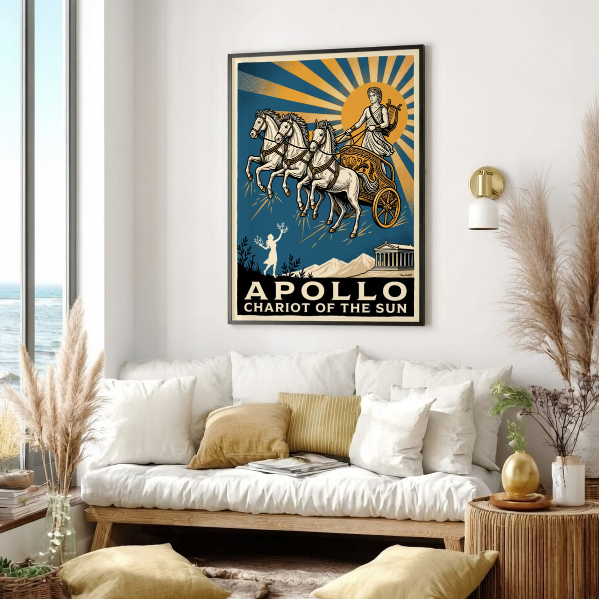 Poster featuring Apollo driving his golden chariot across a deep blue sky above temples