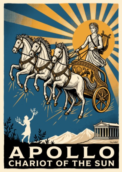 Poster featuring Apollo driving his golden chariot across a deep blue sky above temples