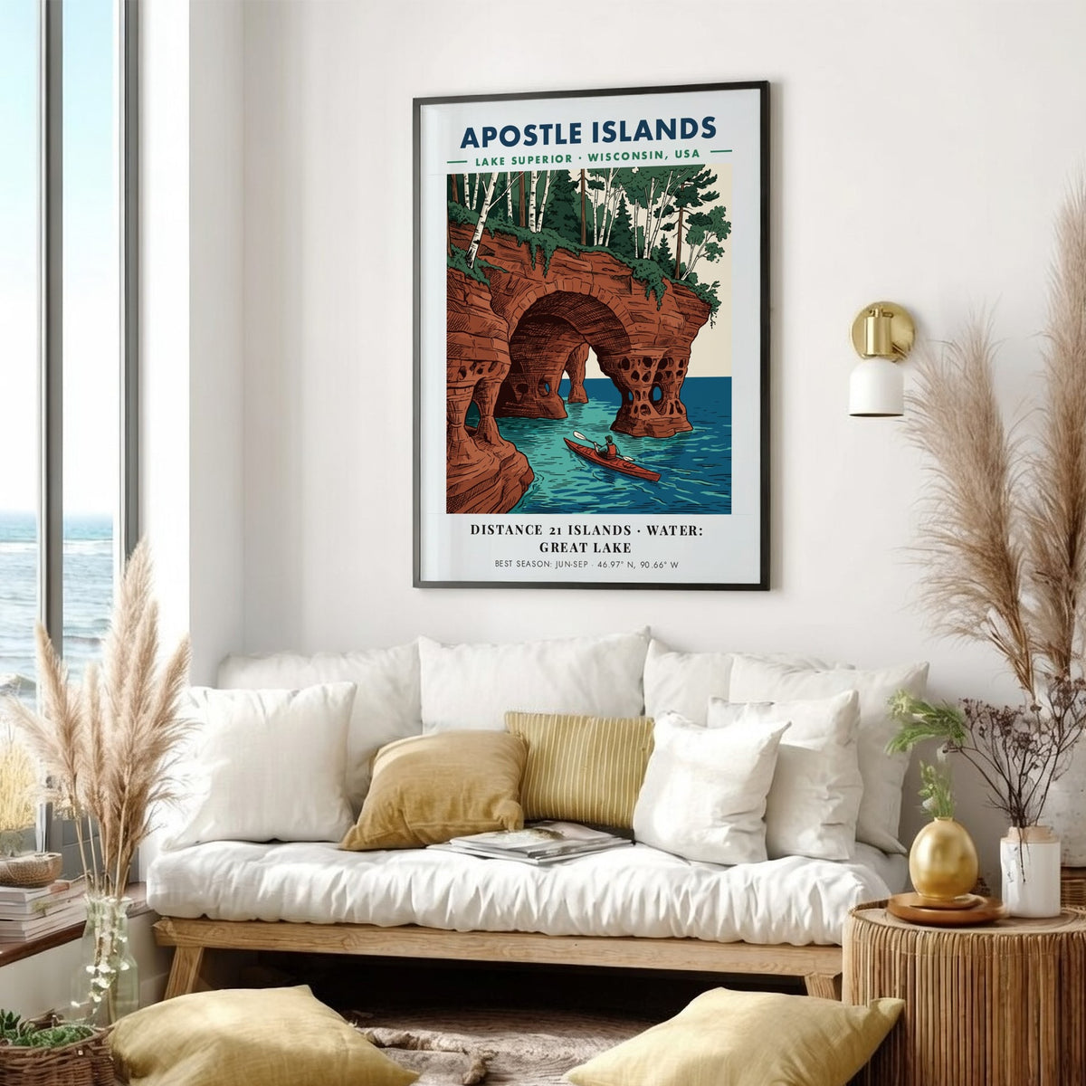 Poster featuring a kayaker paddling through sandstone sea caves at Apostle Islands Wisconsin