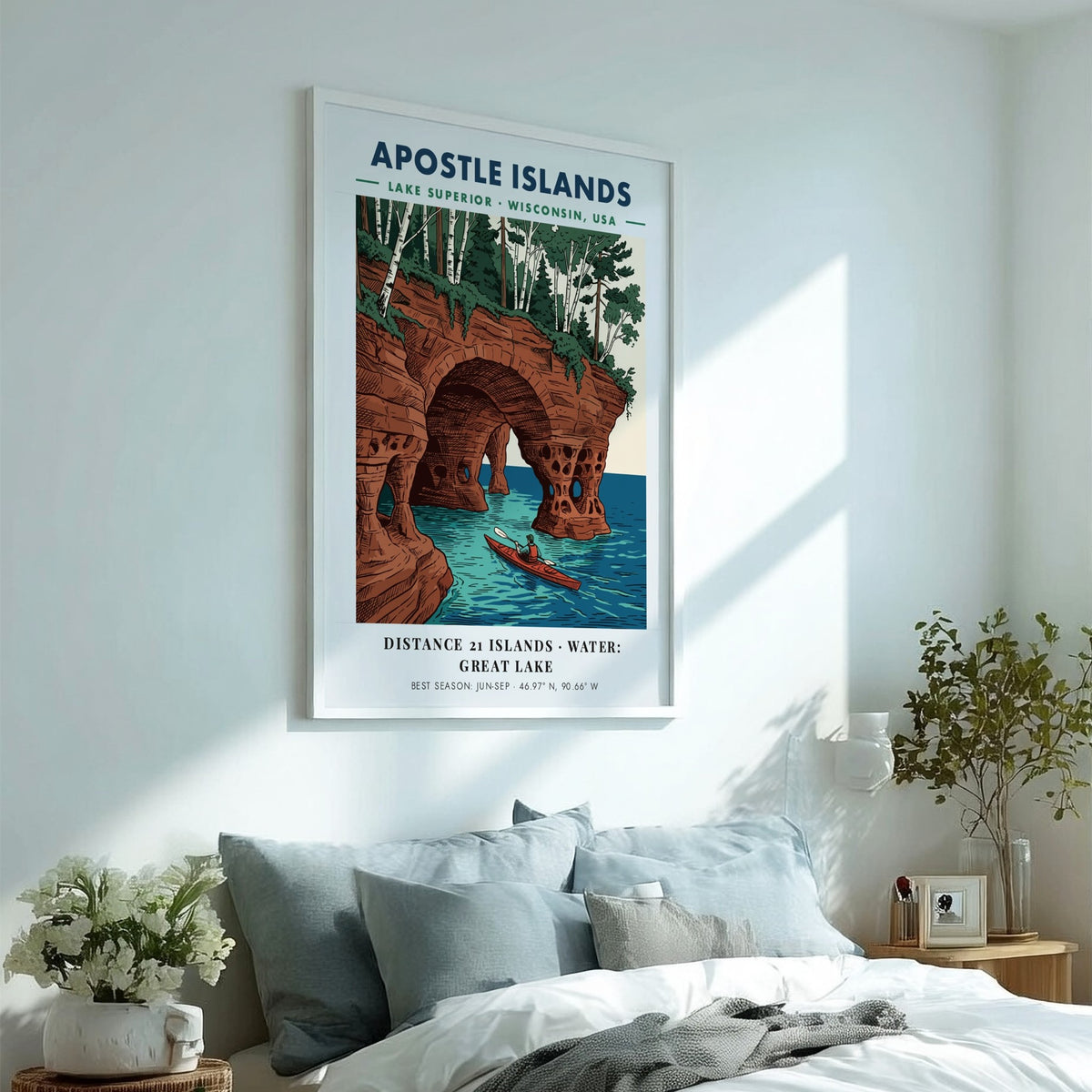 Poster featuring a kayaker paddling through sandstone sea caves at Apostle Islands Wisconsin