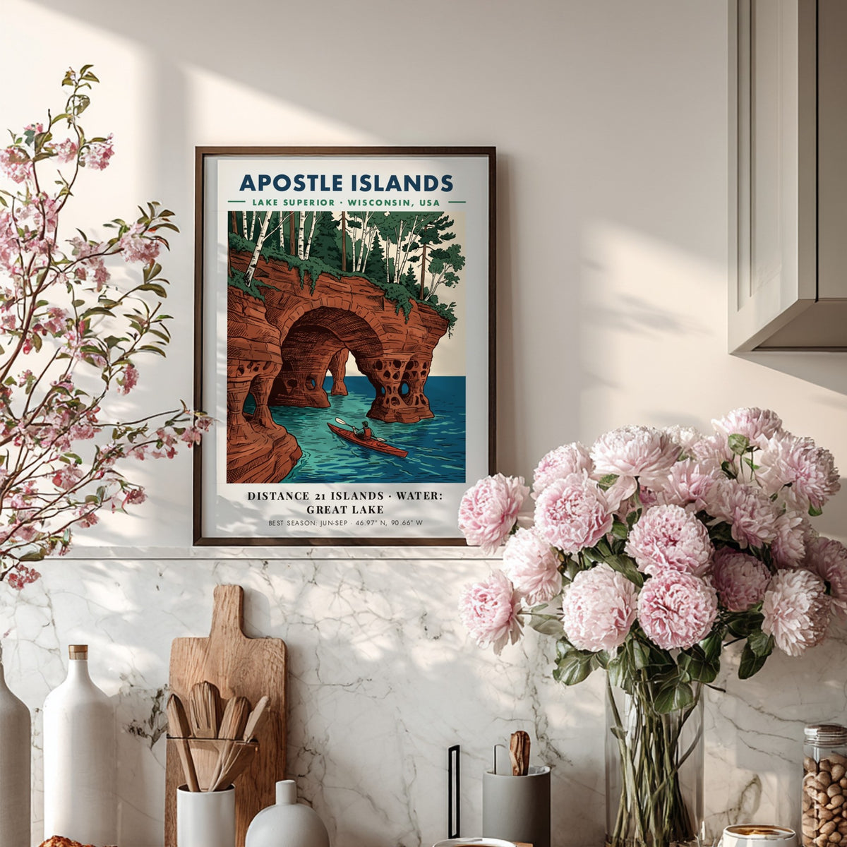 Poster featuring a kayaker paddling through sandstone sea caves at Apostle Islands Wisconsin