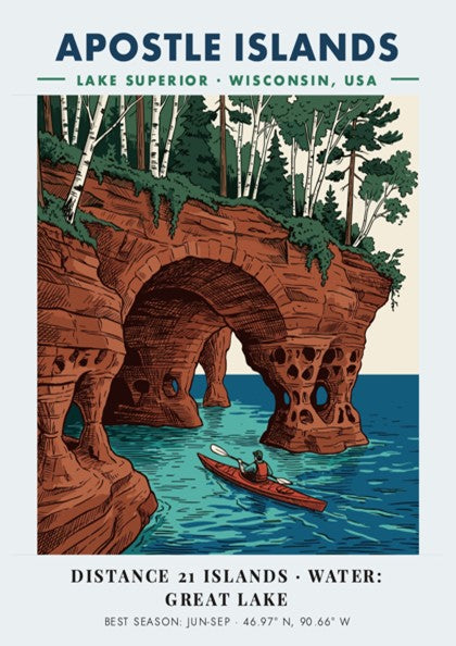 Poster featuring a kayaker paddling through sandstone sea caves at Apostle Islands Wisconsin