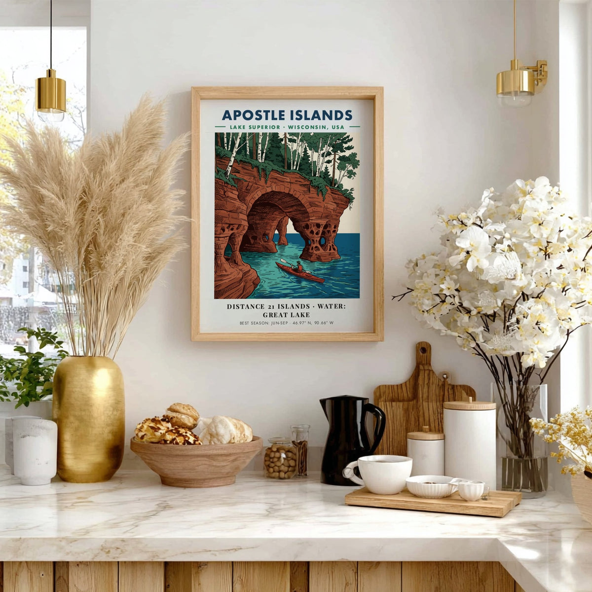 Poster featuring a kayaker paddling through sandstone sea caves at Apostle Islands Wisconsin