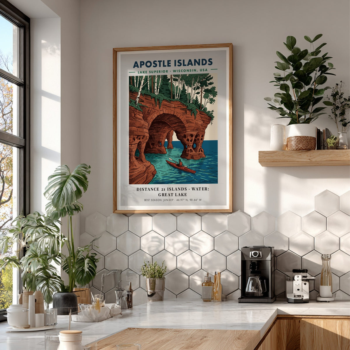Poster featuring a kayaker paddling through sandstone sea caves at Apostle Islands Wisconsin
