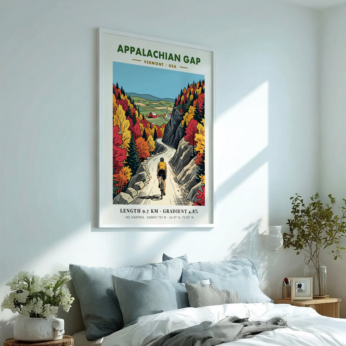 Cycling poster of Appalachian Gap in Vermont featuring a winding road and foliage.