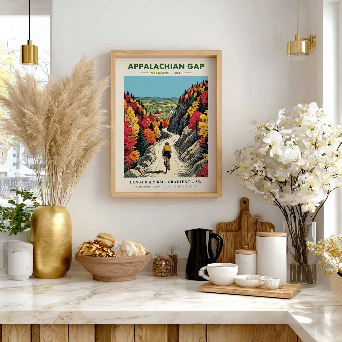 Cycling poster of Appalachian Gap in Vermont featuring a winding road and foliage.