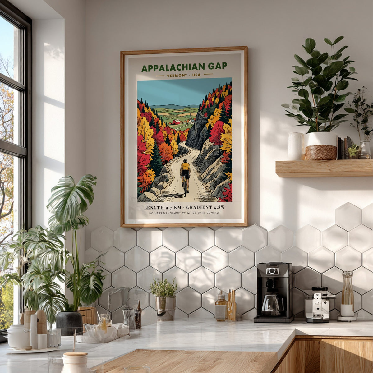 Cycling poster of Appalachian Gap in Vermont featuring a winding road and foliage.