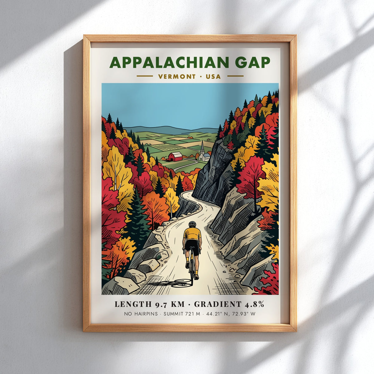 Cycling poster of Appalachian Gap in Vermont featuring a winding road and foliage.