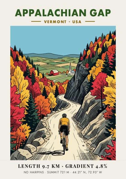 Cycling poster of Appalachian Gap in Vermont featuring a winding road and foliage.