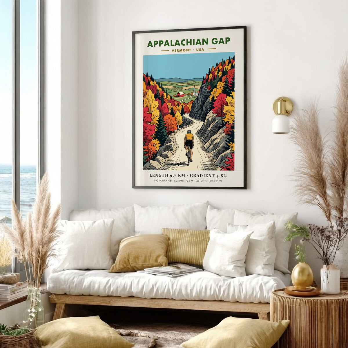 Cycling poster of Appalachian Gap in Vermont featuring a winding road and foliage.