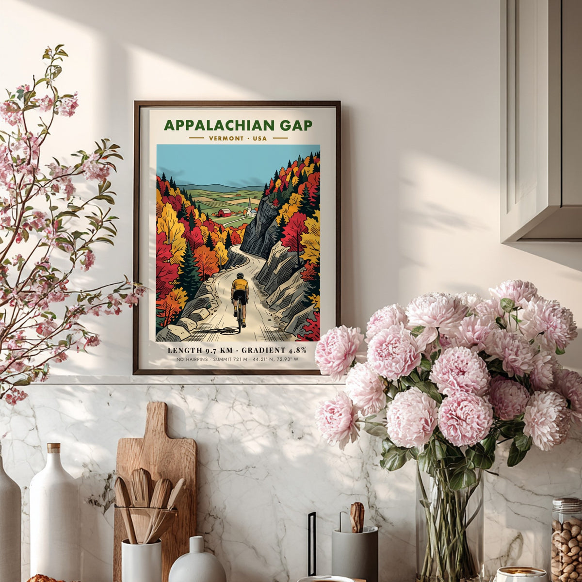 Cycling poster of Appalachian Gap in Vermont featuring a winding road and foliage.