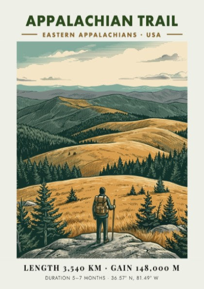 Poster featuring a hiker looking over golden mountains of the Eastern Appalachian Trail landscape.