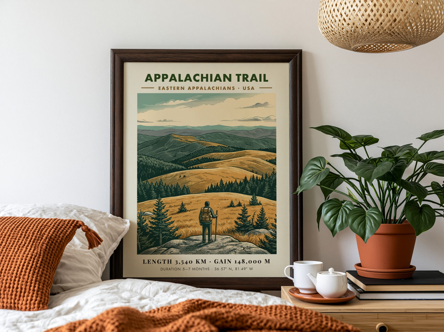 Poster featuring a hiker looking over golden mountains of the Eastern Appalachian Trail landscape.