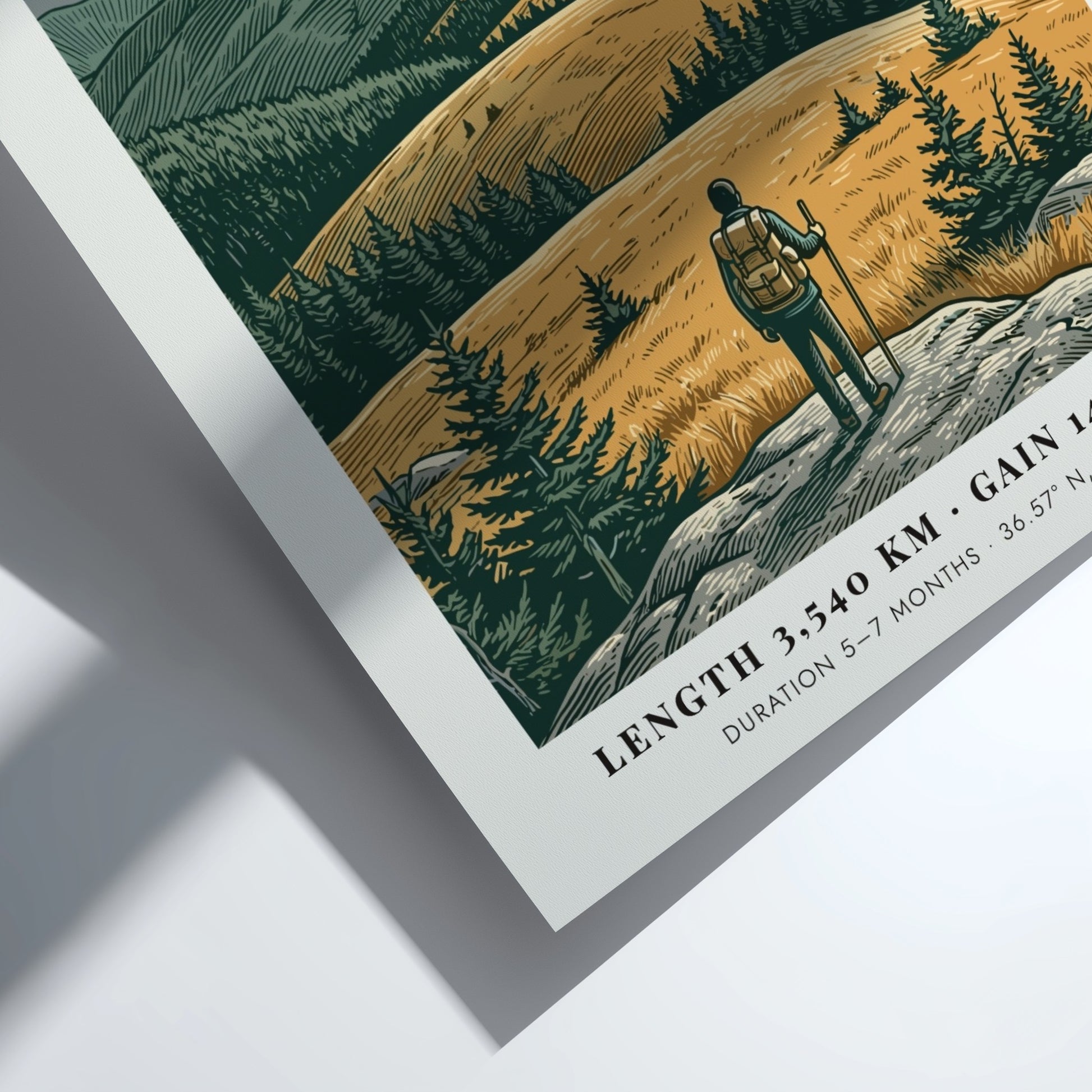 Poster featuring a hiker looking over golden mountains of the Eastern Appalachian Trail landscape.
