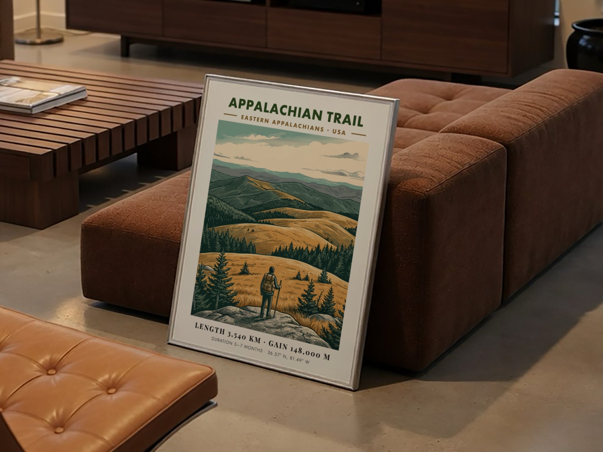 Poster featuring a hiker looking over golden mountains of the Eastern Appalachian Trail landscape.