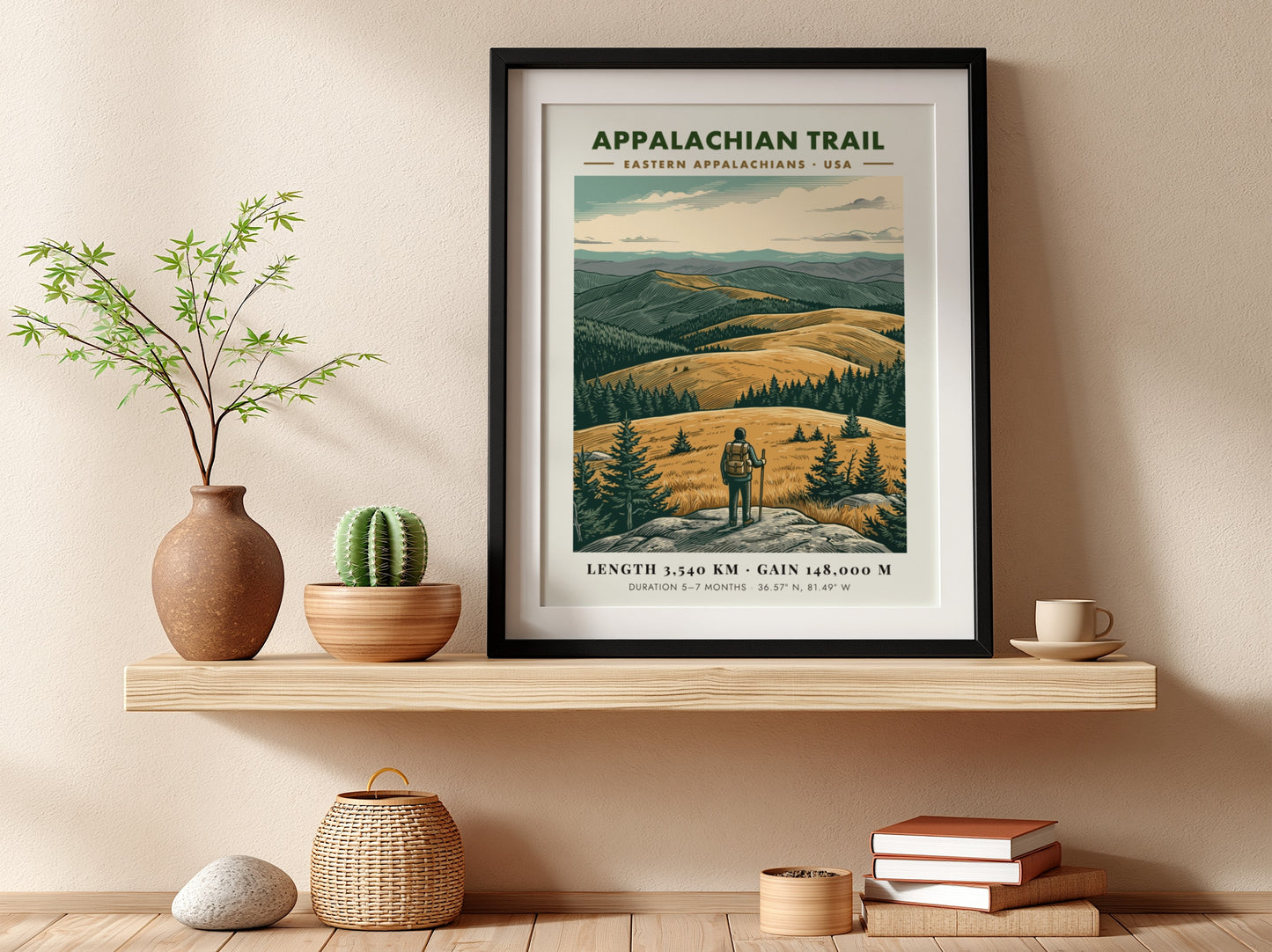 Poster featuring a hiker looking over golden mountains of the Eastern Appalachian Trail landscape.