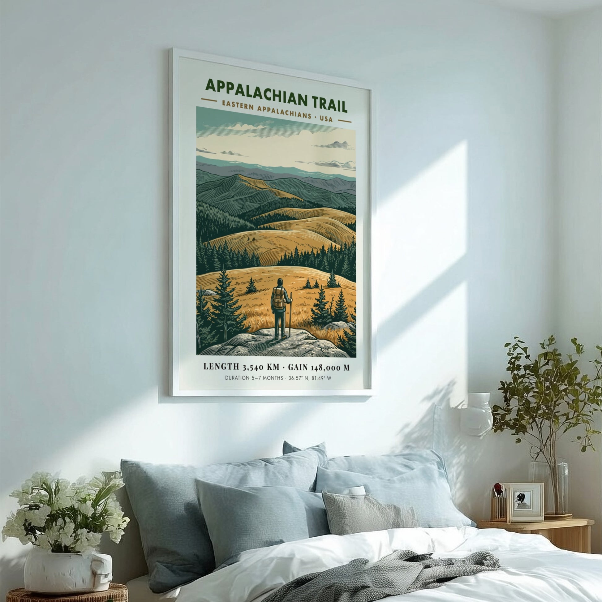Poster featuring a hiker looking over golden mountains of the Eastern Appalachian Trail landscape.