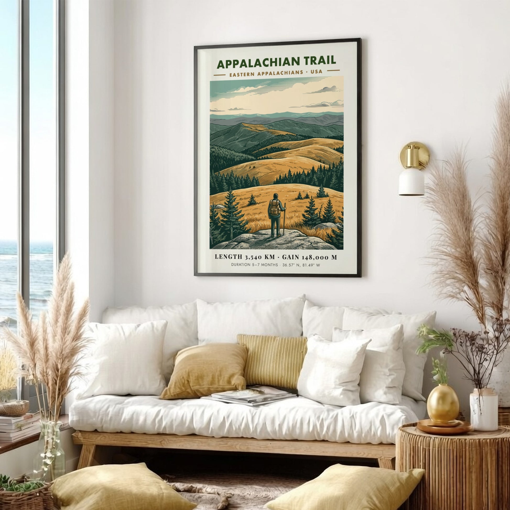 Poster featuring a hiker looking over golden mountains of the Eastern Appalachian Trail landscape.