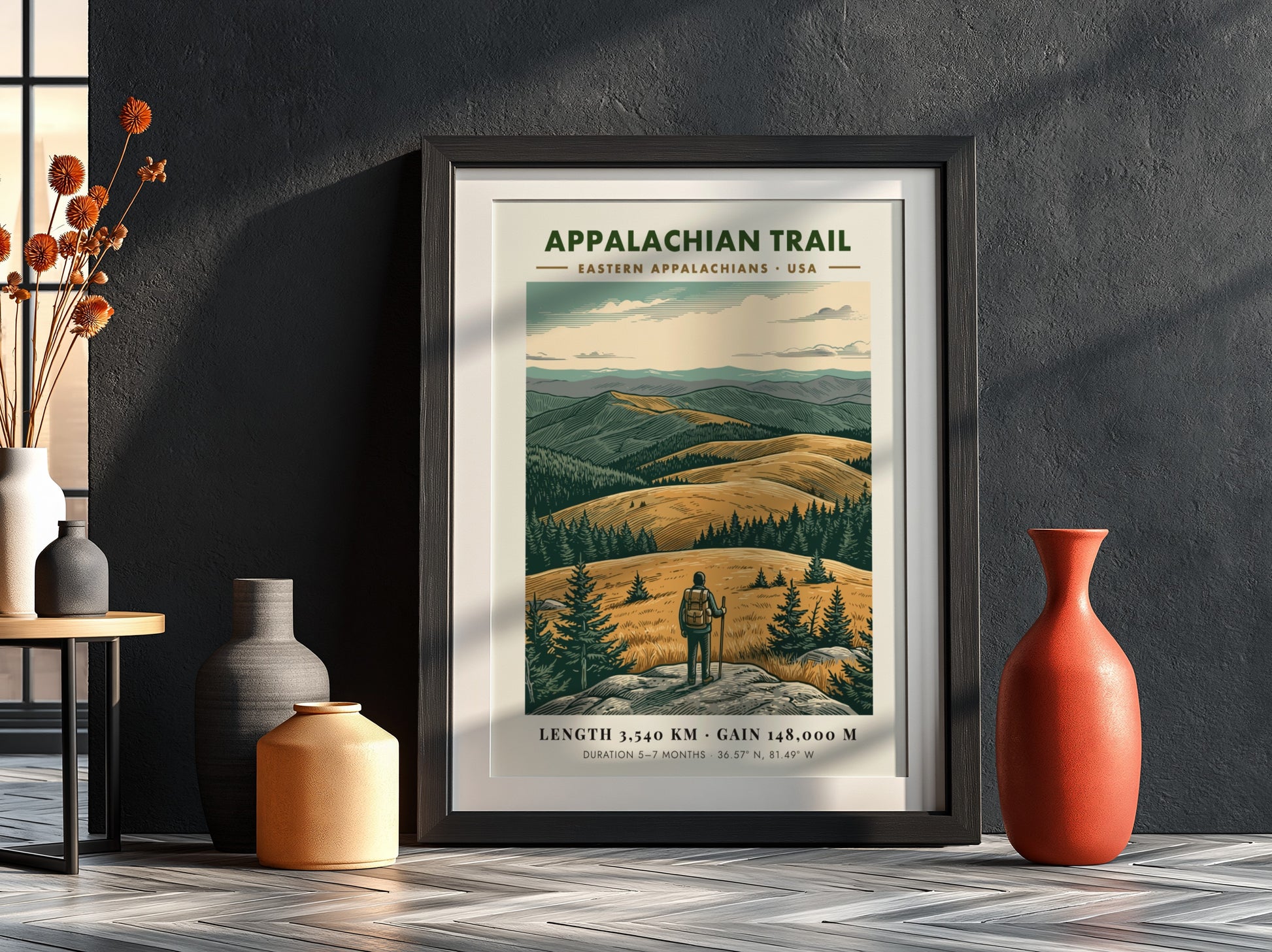 Poster featuring a hiker looking over golden mountains of the Eastern Appalachian Trail landscape.