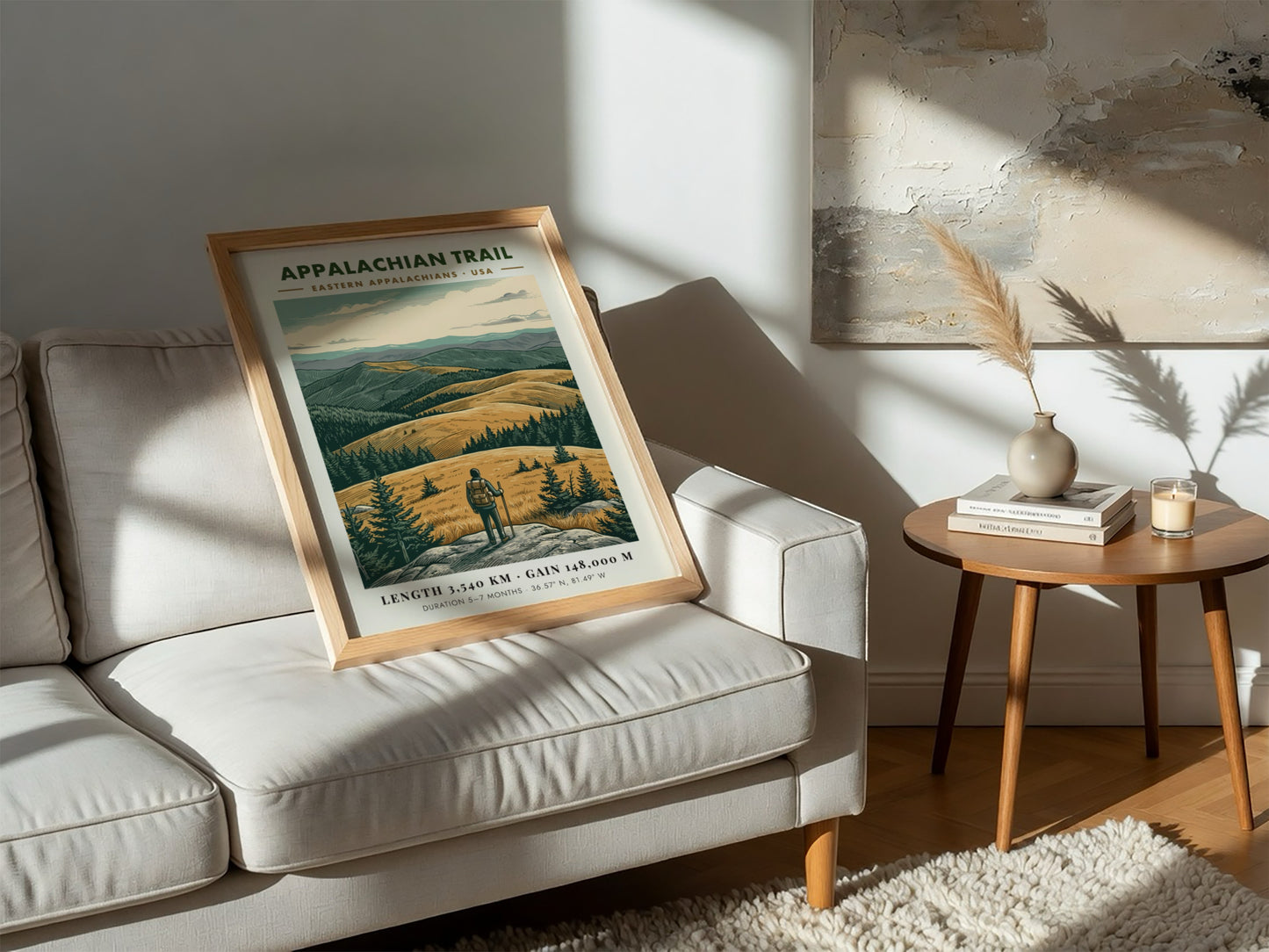 Poster featuring a hiker looking over golden mountains of the Eastern Appalachian Trail landscape.
