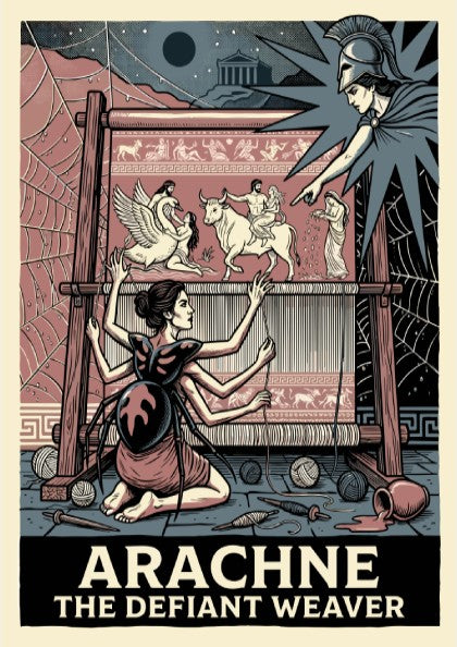 Arachne poster depicting the mythological weaver challenged by Athena, in a vintage illustration style with a