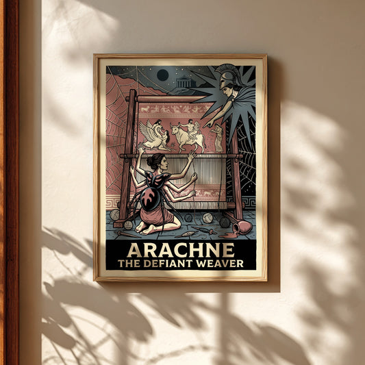 Arachne poster depicting the mythological weaver challenged by Athena, in a vintage illustration style with a