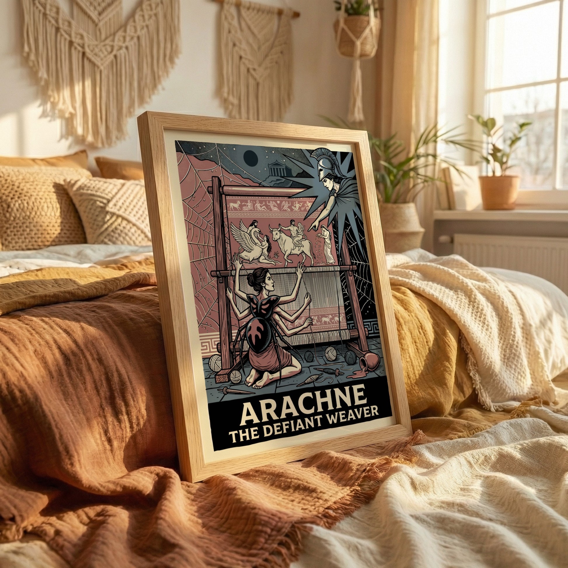 Arachne poster depicting the mythological weaver challenged by Athena, in a vintage illustration style with a