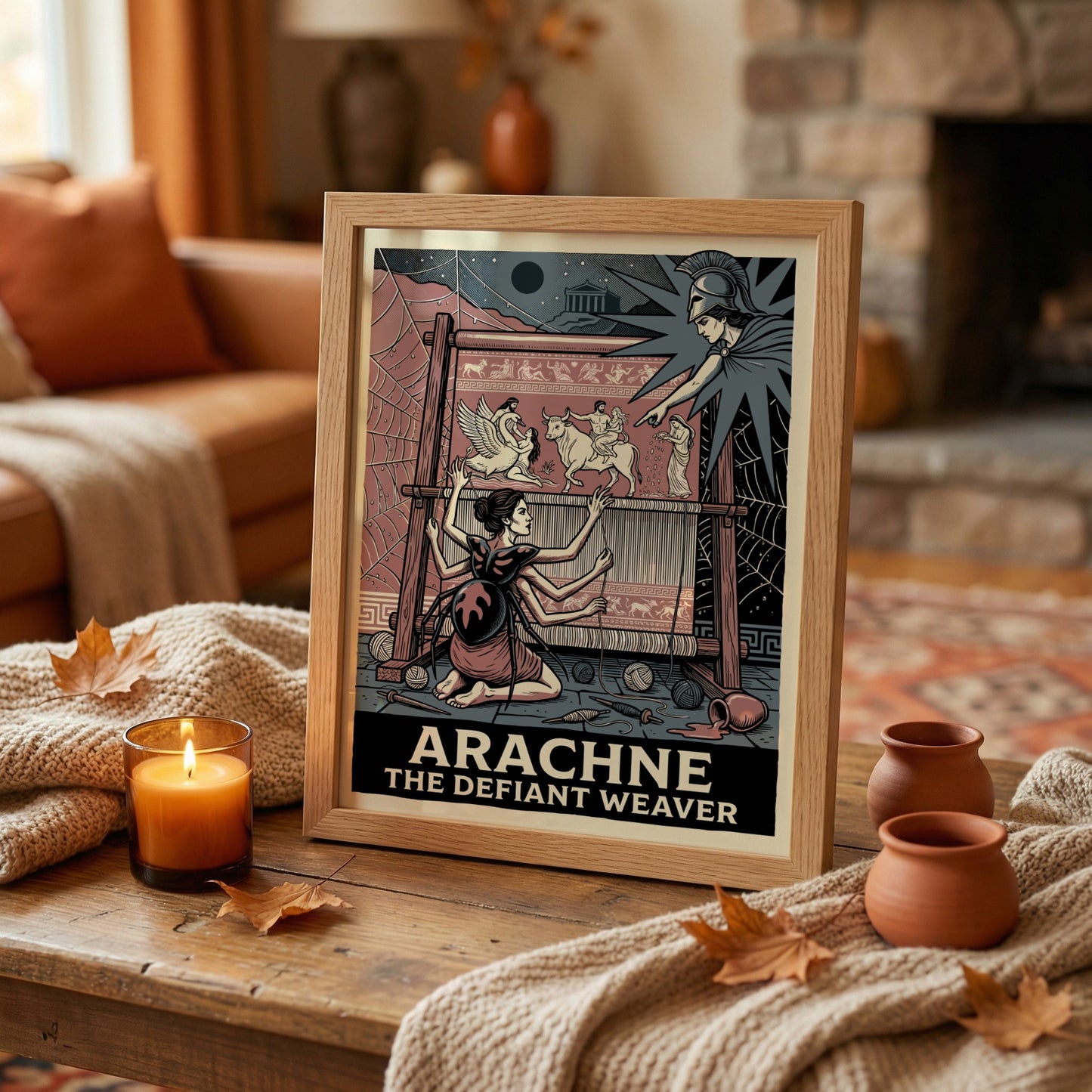 Arachne poster depicting the mythological weaver challenged by Athena, in a vintage illustration style with a