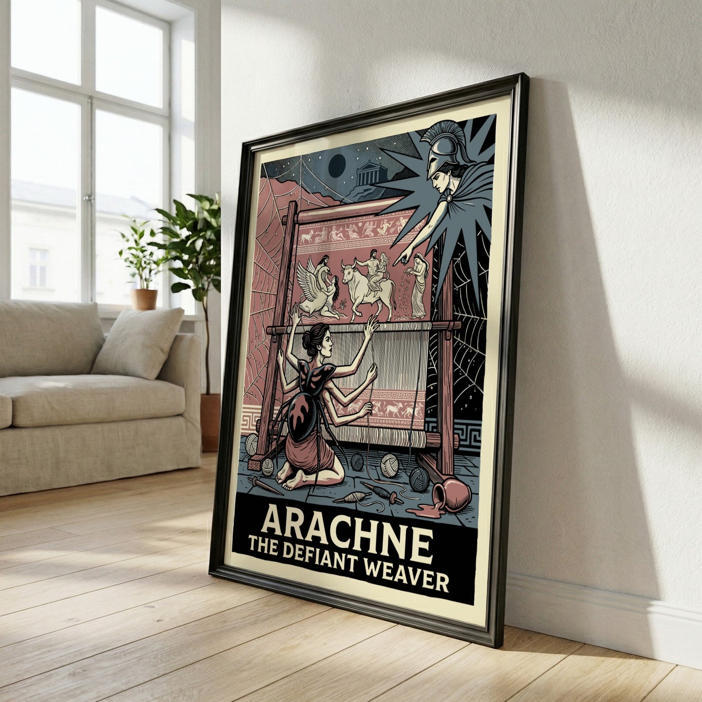 Arachne poster depicting the mythological weaver challenged by Athena, in a vintage illustration style with a
