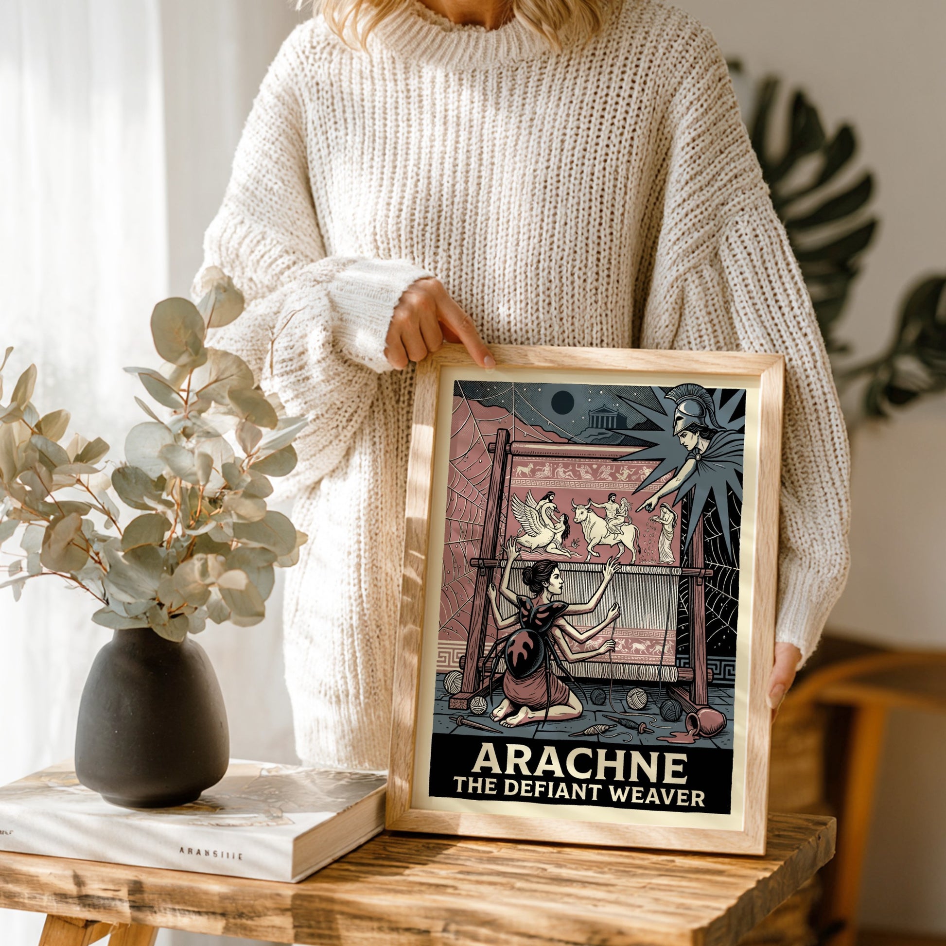 Arachne poster depicting the mythological weaver challenged by Athena, in a vintage illustration style with a