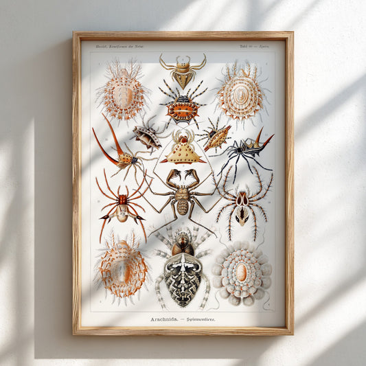 Vintage poster featuring detailed scientific illustrations of various spiders, labeled