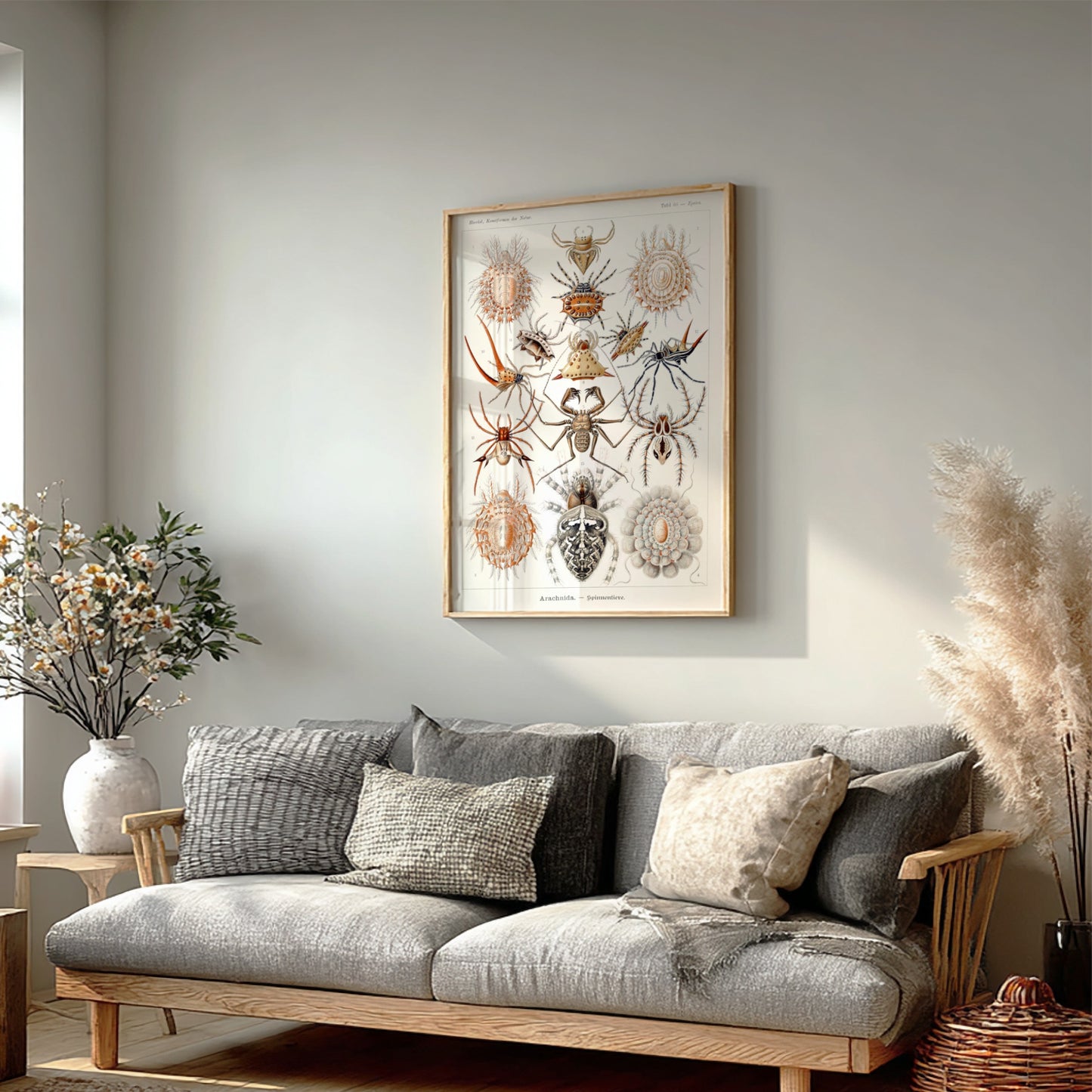 Vintage poster featuring detailed scientific illustrations of various spiders, labeled
