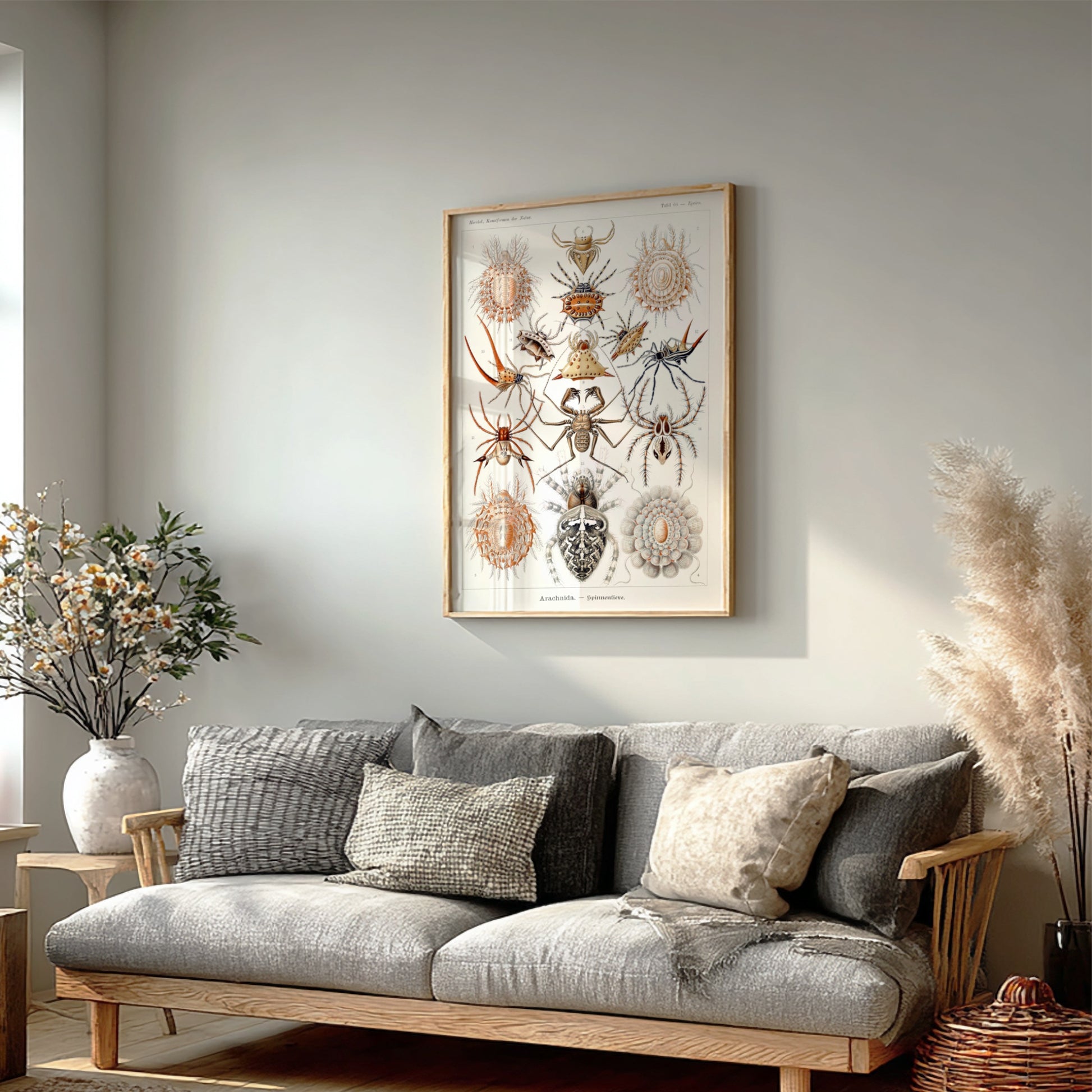 Vintage poster featuring detailed scientific illustrations of various spiders, labeled