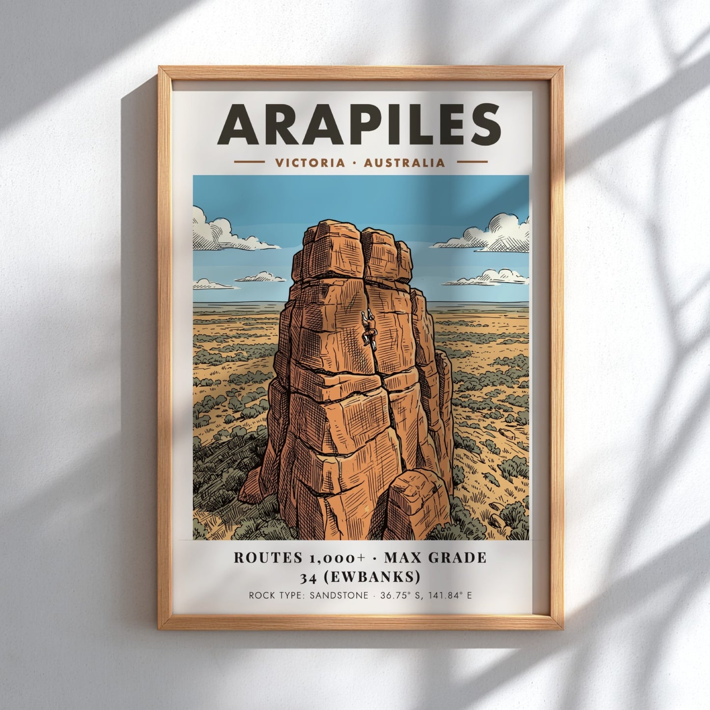 Poster featuring a climber on an Arapiles sandstone rock face in Victoria Australia.