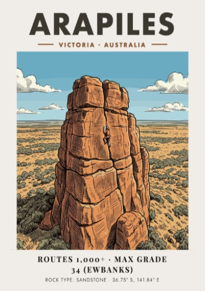 Poster featuring a climber on an Arapiles sandstone rock face in Victoria Australia.
