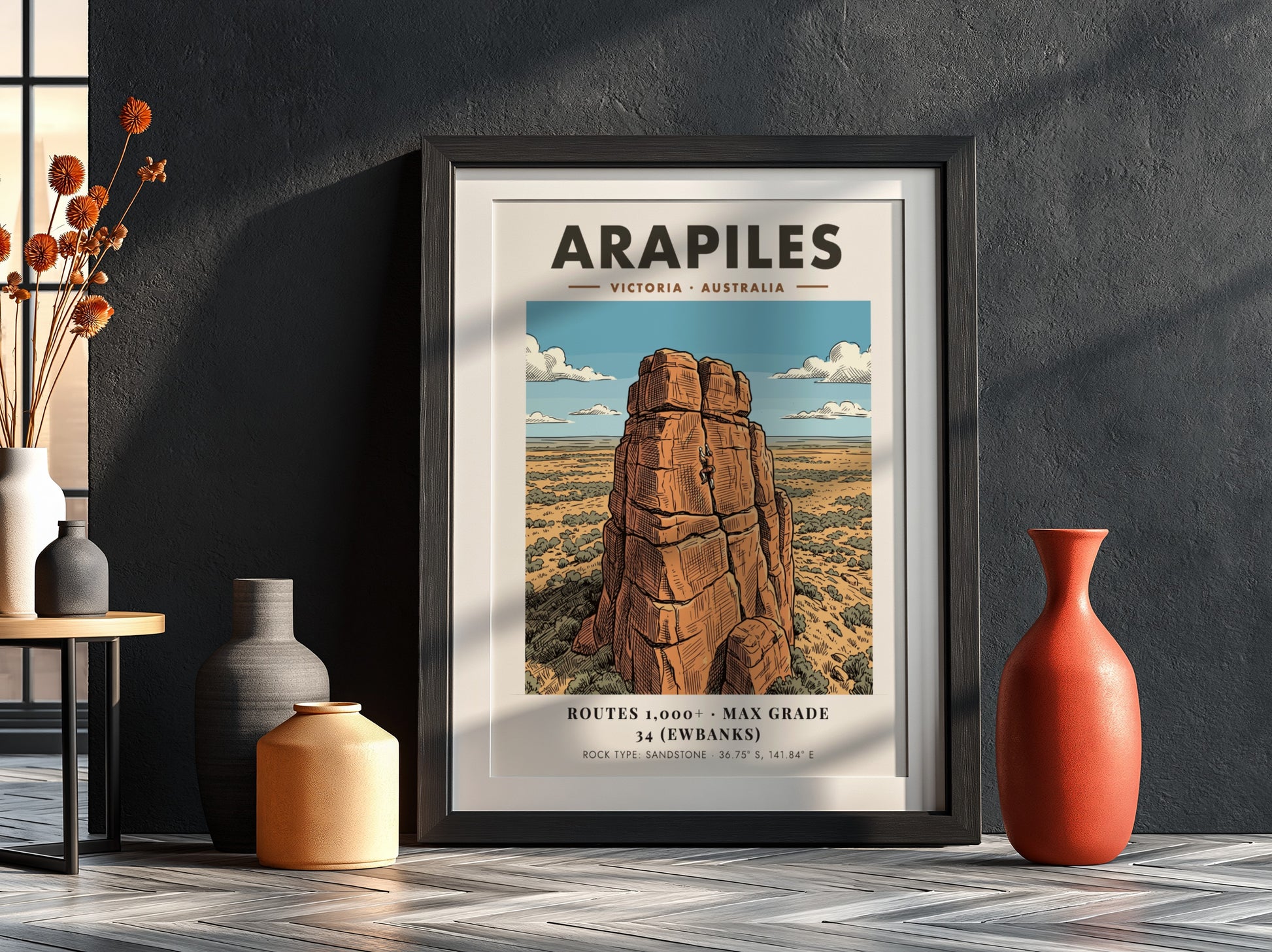 Poster featuring a climber on an Arapiles sandstone rock face in Victoria Australia.